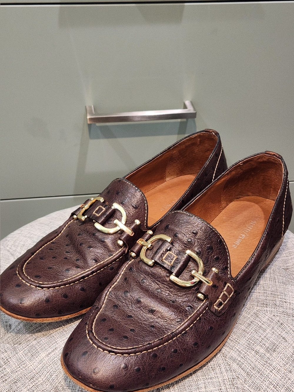 Donald J. Pliner Moritz Buckle Dark Brown Leather Ostrich Loafers